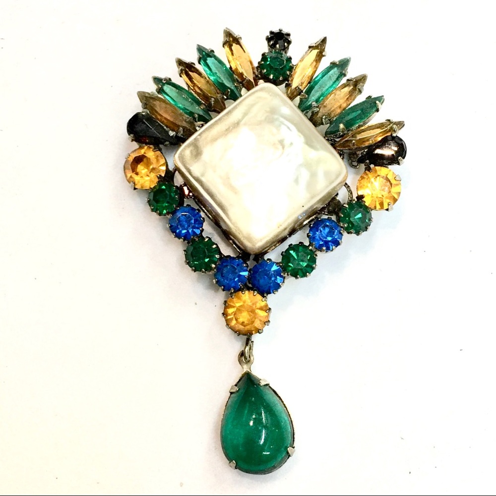Square Pearl and Drop Rhinestone Big Bling Brooch